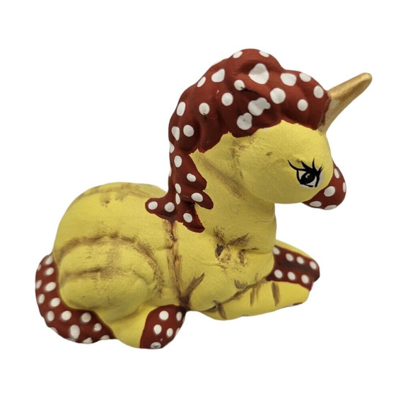 Vintage 1960s Hand Painted Ceramic Unicorn Figure Figurine Yellow Red Polka Dot - Picture 1 of 6